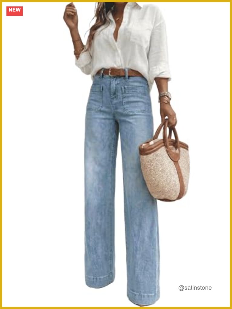 High Waisted Wide Leg Jeans With Retro Pockets Stretchy 70s Vintage Loose Denim